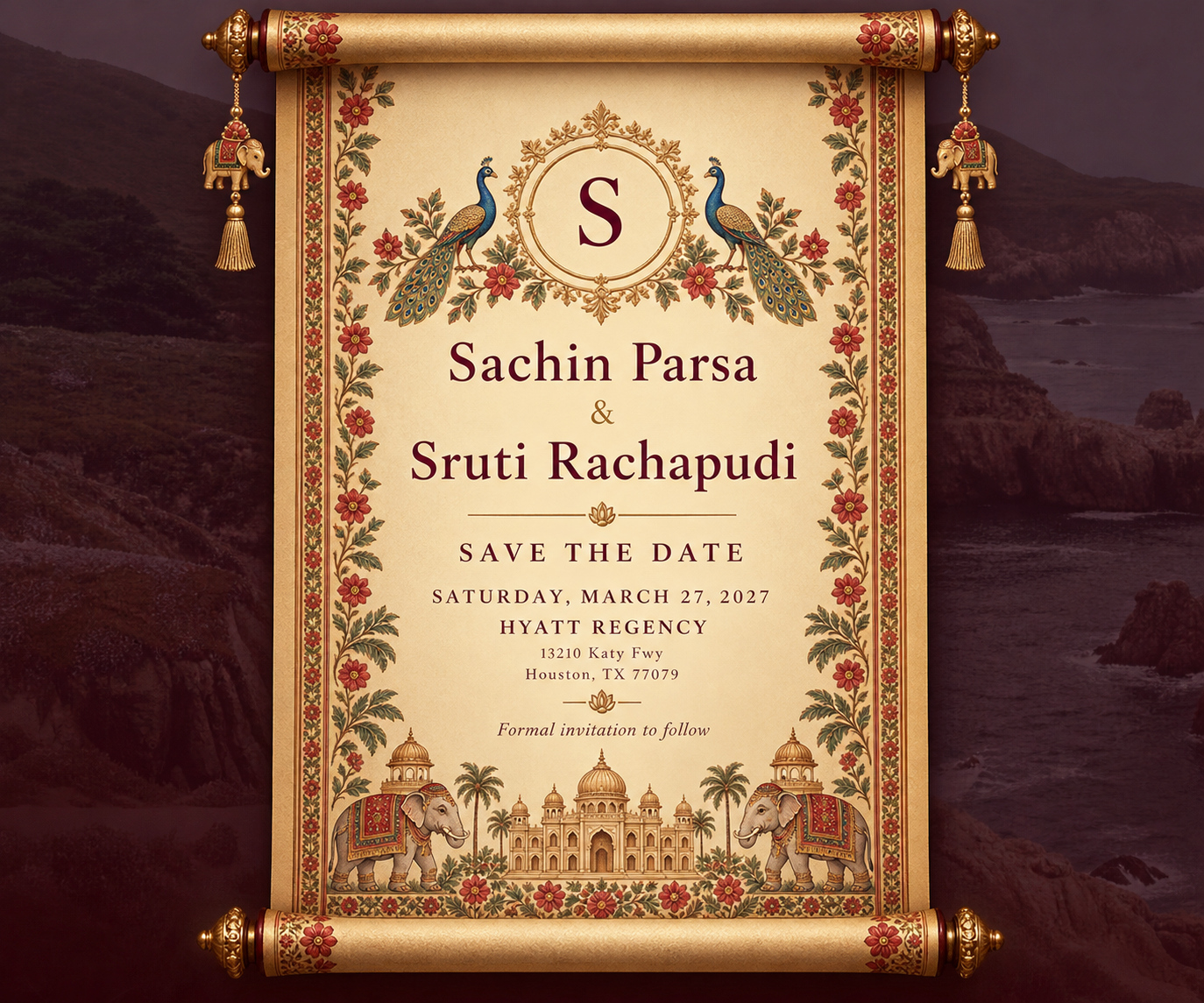 Sachin Parsa and Sruti Rachapudi Save the Date — Saturday, March 27, 2027 at Hyatt Regency, 13210 Katy Fwy, Houston, TX 77079